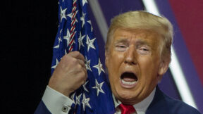 唐纳德特朗普拥抱美国国旗和大喊大叫