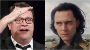 罗素T. Davies的图像旁边的汤姆Hiddleston的图象皱起眉头在'Loki'系列上的Loki